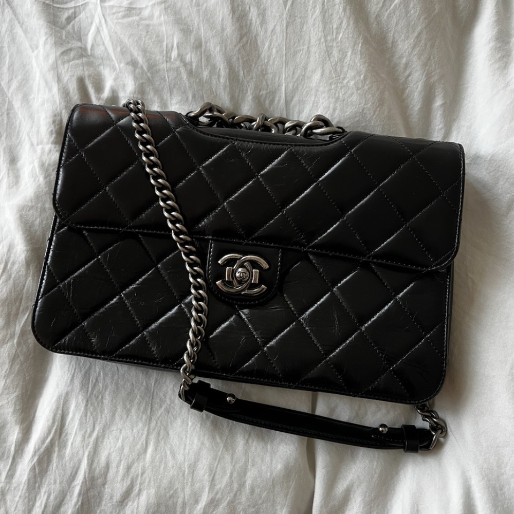 Chanel black quilted glossy glazed calfskin large Perfect Edge Flap bag